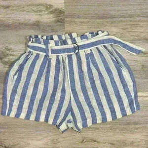 Love Tree Blue White Stripe Linen Blend Shorts Elastic High Waist Pull On Size M